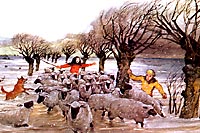Billedet viser elementernes rasen og som noget karakteristisk for Stormfloden, ser vi vejen forsvinde ud i vandet. © Svend Otto S.